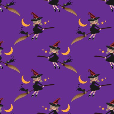 Cadılar Bayramı 'nda, mor arka planda kara kedisi, ayı ve yıldızı olan genç bir cadının süpürge sapıyla uçması. Vektör illüstrasyonu.