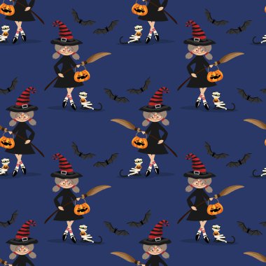 Cadılar Bayramı 'nda elinde süpürge sopasıyla cadılar bayramı balkabağı kovası, mumya kedisi ve mavi arka planda uçan yarasalar vardı. Vektör illüstrasyonu.