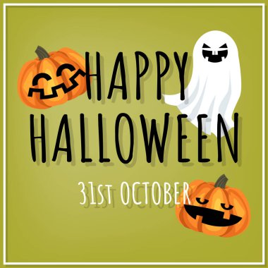 Cadılar Bayramı 'nda şirin hayaletler ve cadılar bayramı balkabaklarının 31 Ekim' de yeşil arkaplan üzerine yazılmış mesajları. Vektör illüstrasyonu.