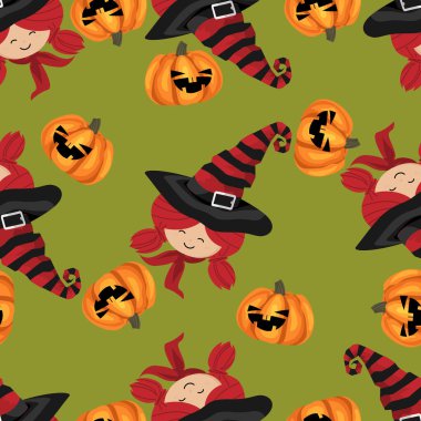 Cadılar Bayramı 'nda yeşil arka planda genç cadı ve cadılar bayramı balkabağı desenleri vardı. Vektör illüstrasyonu.