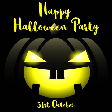 Cadılar Bayramı balkabaklarının arka planında siyah arka planda Mutlu Cadılar Bayramı Partisi metni var. Vektör illüstrasyonu.