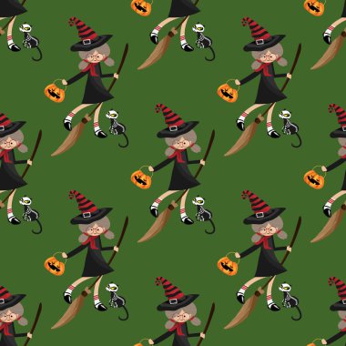 Cadılar Bayramı 'nda, cadılar bayramı kovası, süpürge sapı ve yeşil arka planda iskelet kedi tutan genç cadıların kusursuz deseni. Vektör illüstrasyonu.