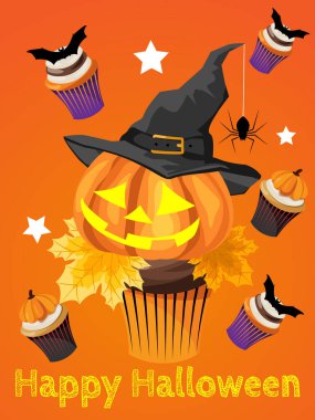 Cadılar Bayramı 'nda Cadılar Bayramı' nın arka planında Cadılar Bayramı 'nda balkabağı, örümcekli cadı şapkası, sonbahar yaprakları, yarasa, yıldız, balkabağı ve Cadılar Bayramı mesajları. Parti ya da tebrik kartı ya da afiş için vektör illüstrasyon tasarımı.