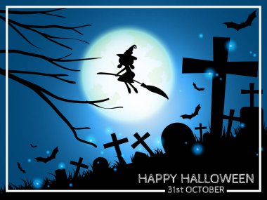 Cadılar Bayramı arka planında dolunay gökyüzünde süpürge sapıyla uçan cadı silueti ve 31 Ekim Cadılar Bayramı metni var. Parti ya da tebrik kartı ya da afiş için vektör illüstrasyon tasarımı.