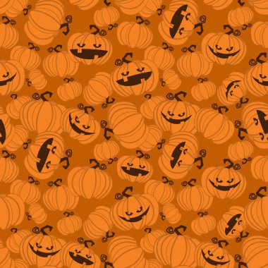 Turuncu arka planda şirin bir Cadılar Bayramı kabağı olan kusursuz bir Cadılar Bayramı deseni. Vektör illüstrasyonu.