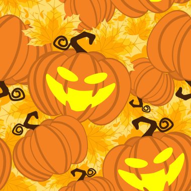 Sonbahar yapraklı şirin Cadılar Bayramı balkabağı deseni. Vektör illüstrasyonu.