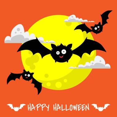 Cadılar Bayramı arka planında bulutlu ve Cadılar Bayramı mesajlı dolunayda uçan yarasalar var. Parti ya da tebrik kartı ya da afiş için vektör illüstrasyon tasarımı.