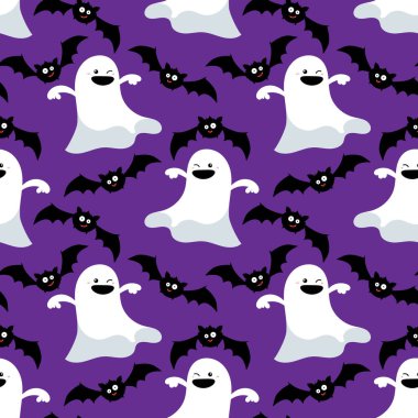 Tatlı hayaletlerin kusursuz cadılar bayramı deseni ve mor arka planda yarasalar. Vektör illüstrasyonu.