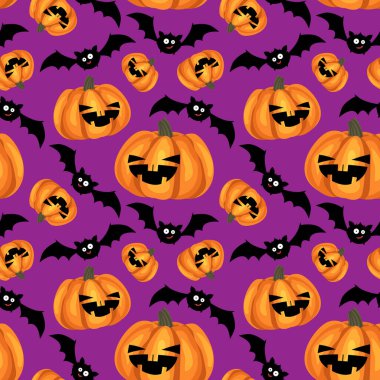 Cadılar Bayramı 'nın pürüzsüz Cadılar Bayramı balkabağı feneri ve sevimli yarasaları. Vektör illüstrasyonu.