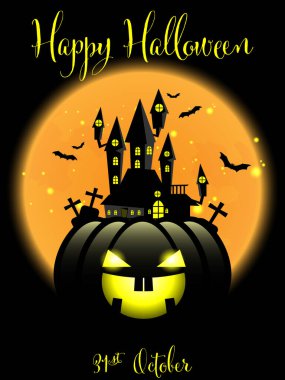 Lanetli Ev 'in Cadılar Bayramı arka planı. Mezarı ve uçan yarasaları dolunay gökyüzü ve Cadılar Bayramı metniyle Jack O fenerinde. Vektör illüstrasyonu.