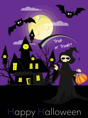 Cadılar Bayramı 'nda Azrail' in arka planında dolunayda uçan yarasalar ve mutlu Cadılar Bayramı metinleri olan lanetli bir ev vardı. Vektör illüstrasyonu.