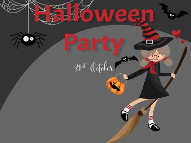 Cadılar Bayramı 'nda elinde süpürge sopası, Cadılar Bayramı balkabağı sepeti, şirin yarasalar örümcek ağlı örümcek ve 31 Ekim mesajı olan Cadılar Bayramı arkaplanı. Vektör illüstrasyonu.