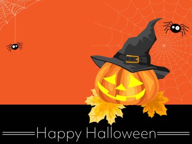 Cadılar Bayramı 'nda cadı şapkalı Cadılar Bayramı balkabağı örümcek ağlı şirin örümcek ve Cadılar Bayramı mesajları. Vektör illüstrasyonu.