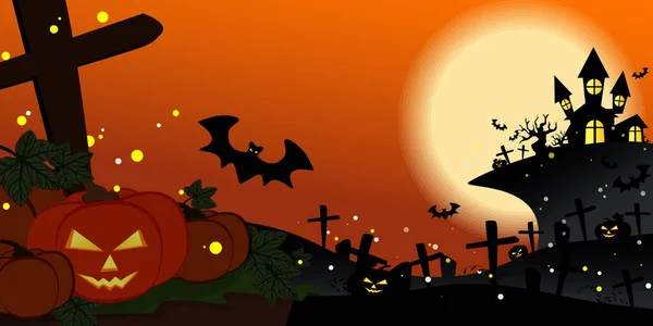 Halloween Achtergrond Van Spookkasteel Met Griezelige Boom Heuvel Kerkhof Met — Stockvector