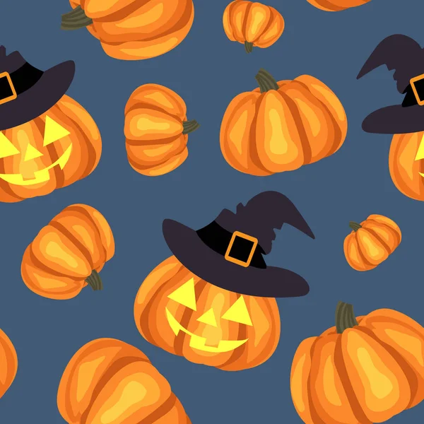Modèle Sans Couture Halloween Mignonne Citrouille Halloween Portant Chapeau Sorcières — Image vectorielle