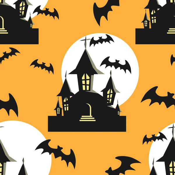 Patrón Sin Costuras Halloween Casa Embrujada Con Luna Llena Murciélagos — Archivo Imágenes Vectoriales