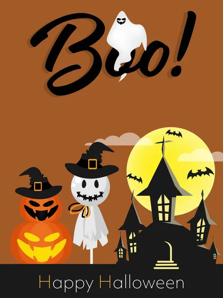 Fondo Halloween Del Grupo Espantapájaros Fantasma Con Sombrero Bruja Calabaza — Vector de stock