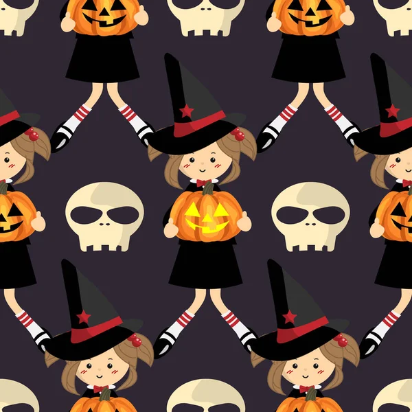 Patrón Sin Costuras Halloween Bruja Joven Sosteniendo Calabaza Halloween Cráneo — Archivo Imágenes Vectoriales