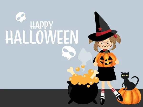 Halloween Bakgrund Ung Häxa Håller Halloween Pumpa Med Svart Katt — Stock vektor