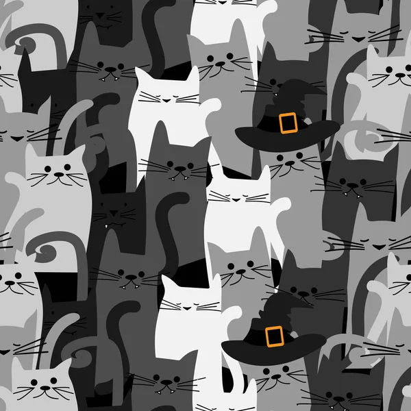 Halloween Padrão Sem Costura Grupo Gatos Bonitos Gatos Com Chapéu —  Vetores de Stock