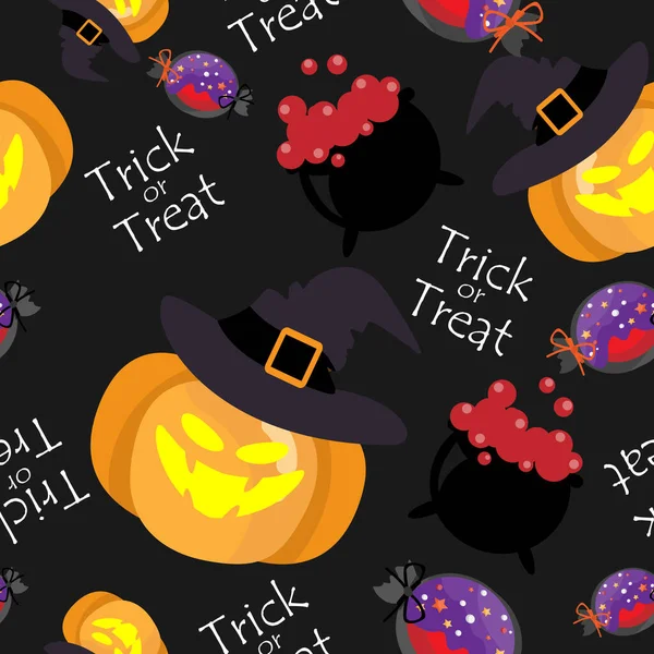 Patrón Sin Costuras Halloween Calabaza Halloween Con Sombrero Brujas Dulces — Vector de stock