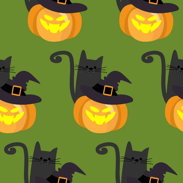Patrón Sin Costuras Halloween Calabaza Halloween Con Sombrero Brujas Gato — Archivo Imágenes Vectoriales