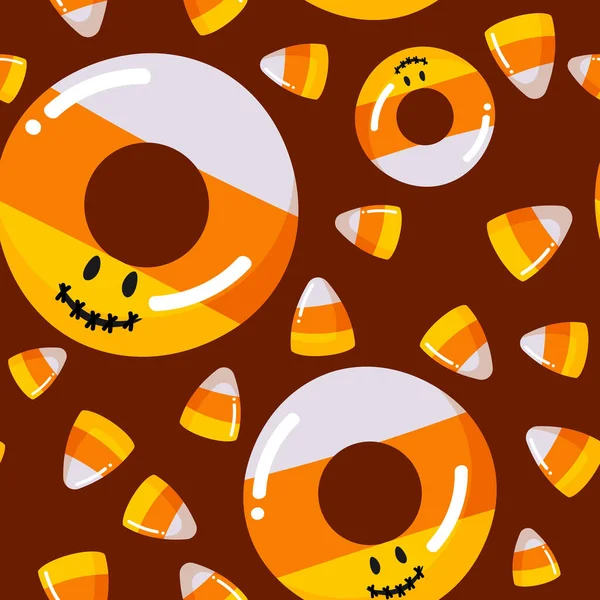 ハロウィンの笑顔ドーナツと黒を背景にキャンディーコーンとハロウィンシームレスなパターン ベクターイラスト — ストックベクタ