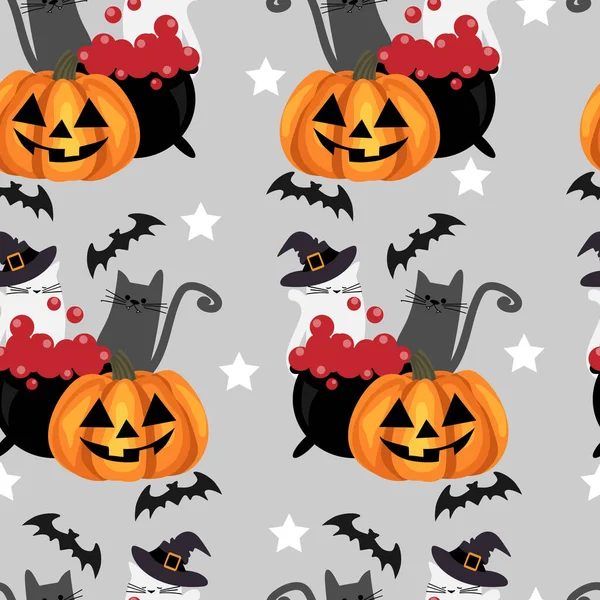Halloween Zökkenőmentes Minta Halloween Tök Aranyos Macskák Boszorkányok Kalap Denevérek — Stock Vector