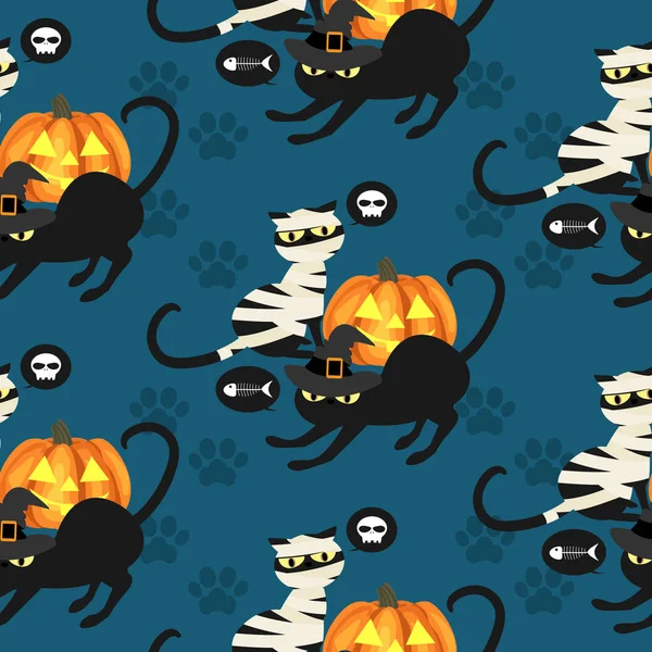 Halloween seamless pattern of mummy cat and black witch cats with skull, fish bone and footprints on blue background. Vector illustration.