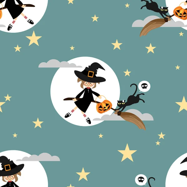 Halloween Zökkenőmentes Minta Fiatal Boszorkány Kezében Halloween Tök Vödör Repül — Stock Vector