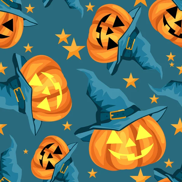 Halloween Zökkenőmentes Minta Aranyos Halloween Tök Boszorkányok Kalap Csillagok Kék — Stock Vector