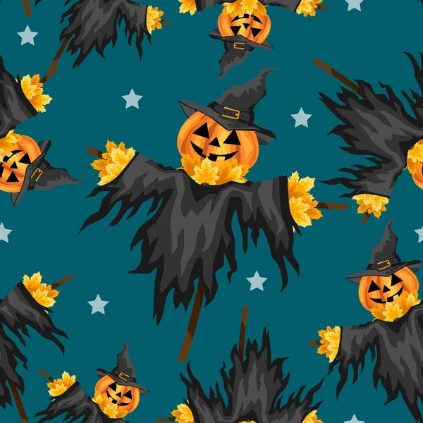 Modello Senza Cuciture Halloween Uno Spaventapasseri Halloween Con Una Testa — Vettoriale Stock