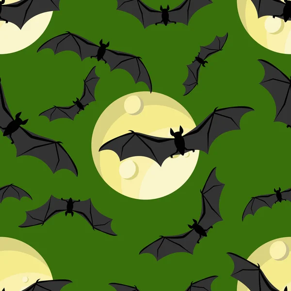Halloween Nahtlose Muster Von Fliegenden Fledermäusen Und Vollmond Auf Grünem — Stockvektor