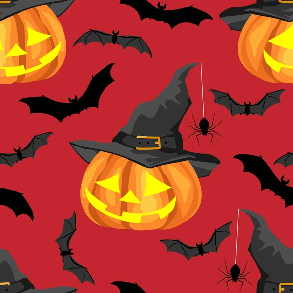 Halloween Płynny Wzór Słodkie Halloween Dyni Noszenie Kapelusz Czarownice Pająkiem — Wektor stockowy