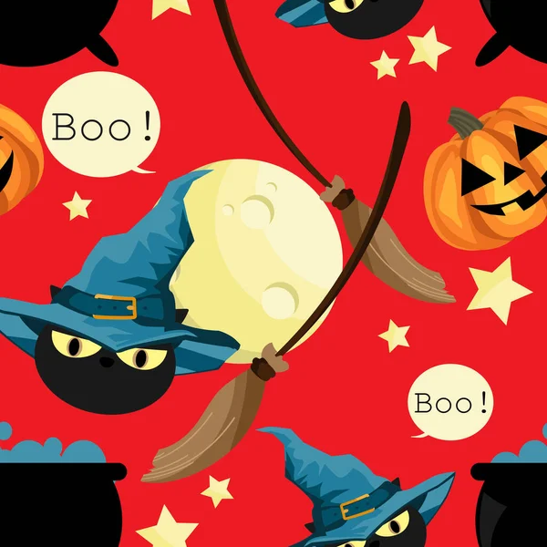 Halloween Naadloos Patroon Van Zwarte Kat Met Heksen Hoed Halloween — Stockvector