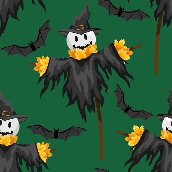 Halloween Naadloos Patroon Van Halloween Vogelverschrikkers Vleermuizen Groene Achtergrond Vectorillustratie — Stockvector