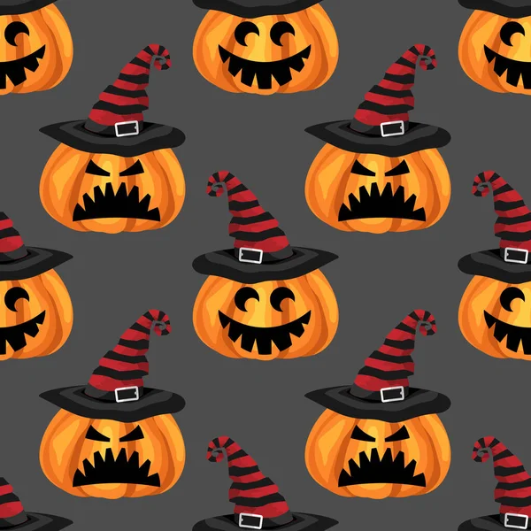 Halloween Sem Costura Padrão Abóbora Halloween Bonito Com Chapéu Bruxas —  Vetores de Stock