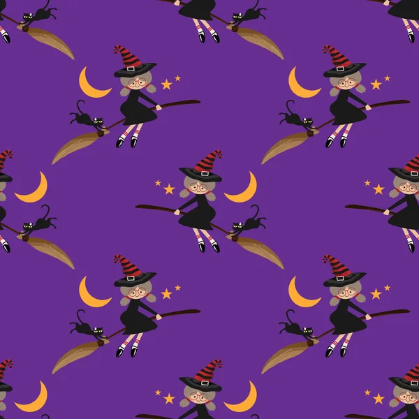 紫色の背景に黒い猫 星が付いたブロムスティックで飛ぶ若い魔女のハロウィーンのシームレスなパターン ベクターイラスト — ストックベクタ