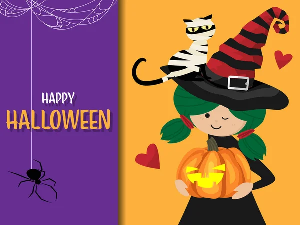 Halloween background of young witch holding Halloween pumpkin with Mummy cat, spider on cobweb  and Happy Halloween text. Vector illustration.