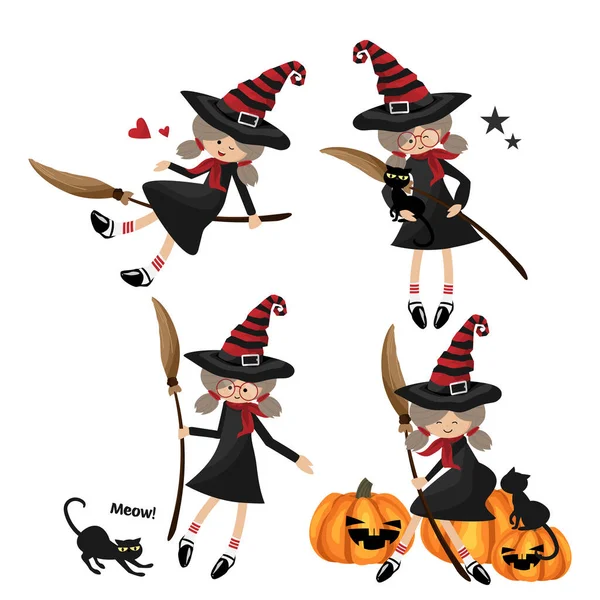 Halloween Malé Čarodějnice Sbírka Mladých Čarodějnic Koštětem Černá Kočka Halloween — Stockový vektor
