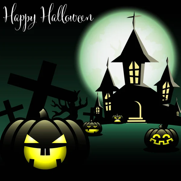 Fondo Halloween Haunted House Calabazas Halloween Cementerio Cielo Luna Llena — Archivo Imágenes Vectoriales