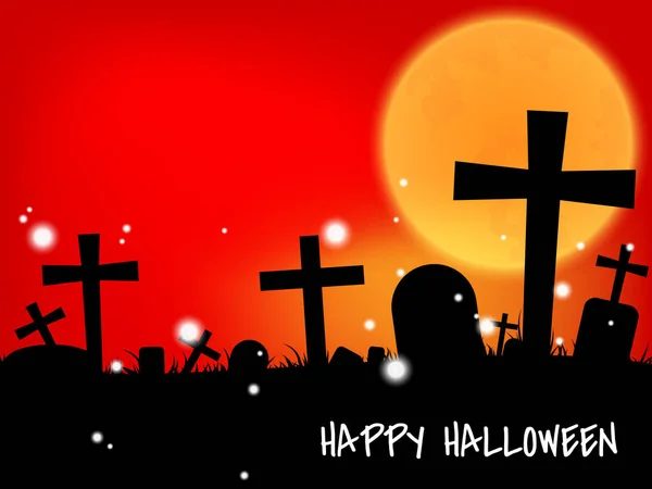 Fondo Halloween Silueta Cementerio Cielo Luna Llena Texto Halloween Feliz — Vector de stock