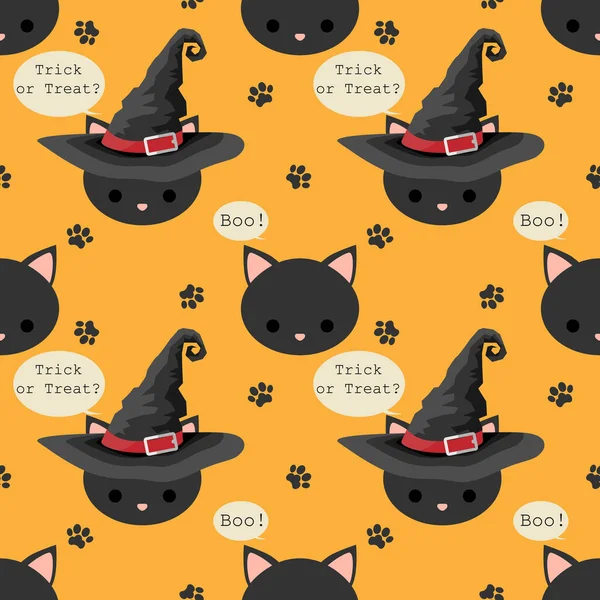 Halloween Nahtlose Muster Der Schwarzen Katze Mit Hexenhut Und Trick — Stockvektor