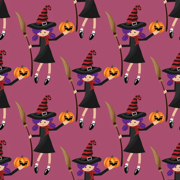 Halloween Płynny Wzór Młodej Czarownicy Gospodarstwa Halloween Dyni Miotły Różowym — Wektor stockowy