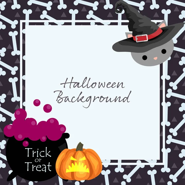 Fondo Halloween Gato Con Sombrero Brujas Calabaza Halloween Hueso Caldero — Vector de stock