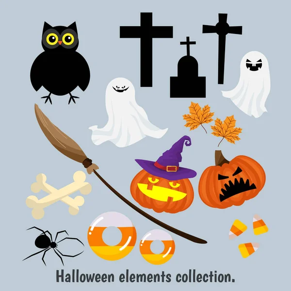 Elementos Halloween Colección Búho Con Fantasma Tumbas Palo Escoba Calabazas — Vector de stock