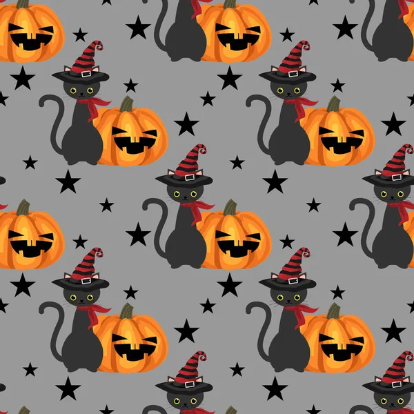 Halloween Nahtlose Muster Der Schwarzen Katze Mit Hexenhut Und Rotem — Stockvektor