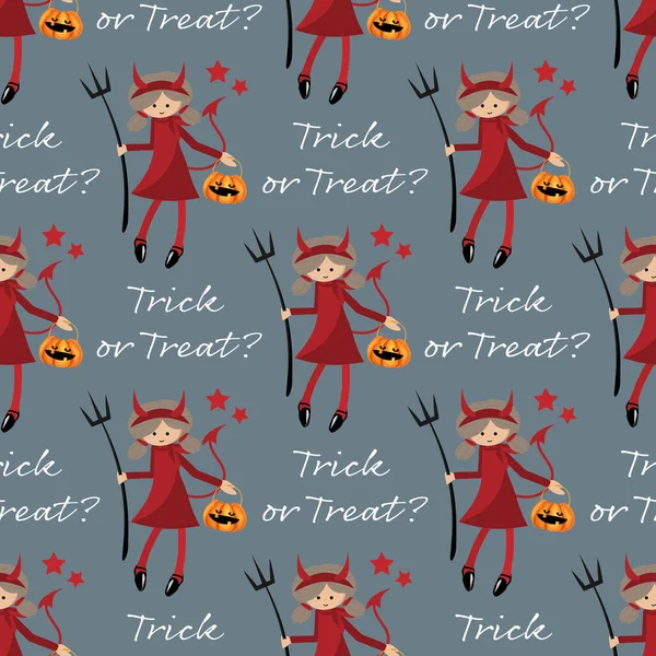 Halloween Padrão Sem Costura Menina Bonito Roupa Halloween Demônios Segurando — Vetor de Stock