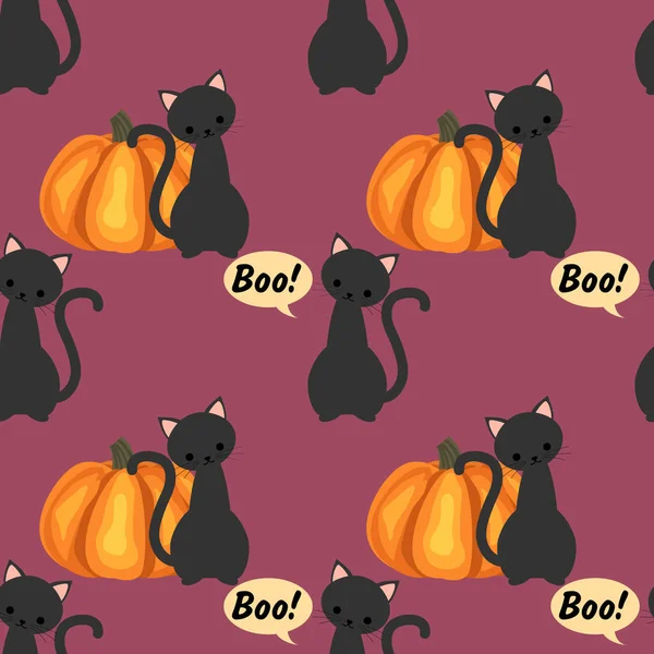Απόκριες Αδιάλειπτη Μοτίβο Μαύρη Γάτα Κολοκύθα Και Boo Κείμενο Ροζ — Διανυσματικό Αρχείο