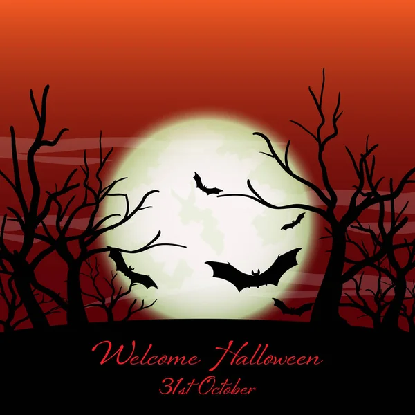 Halloween Espeluznante Bosque Con Murciélagos Voladores Cielo Luna Llena Bienvenido — Archivo Imágenes Vectoriales
